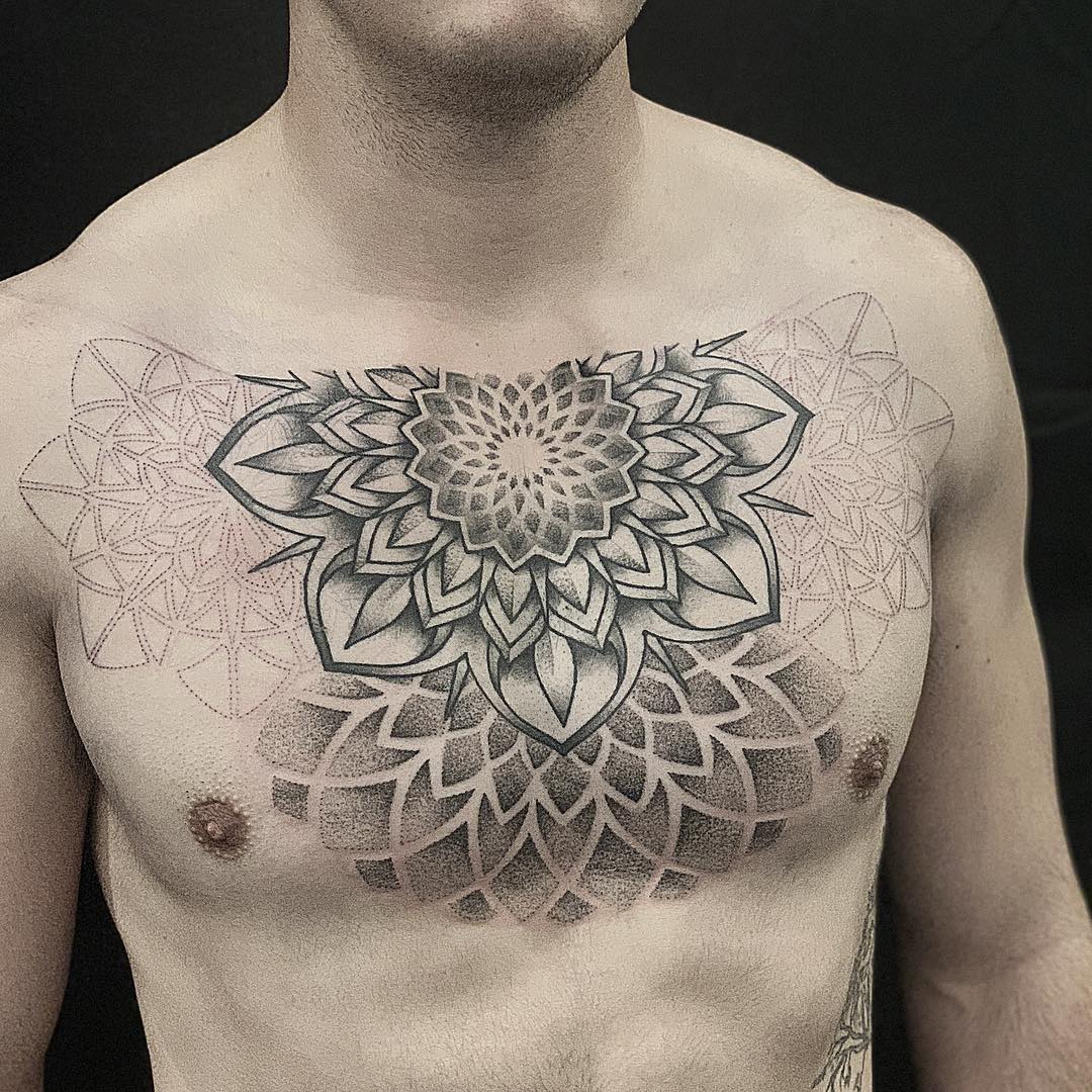 Full Chest Mandala Tattoo in Black and Grey - progress picture by tattoo artist Alan Lott at Sacred Mandala Studio in Durham, NC.